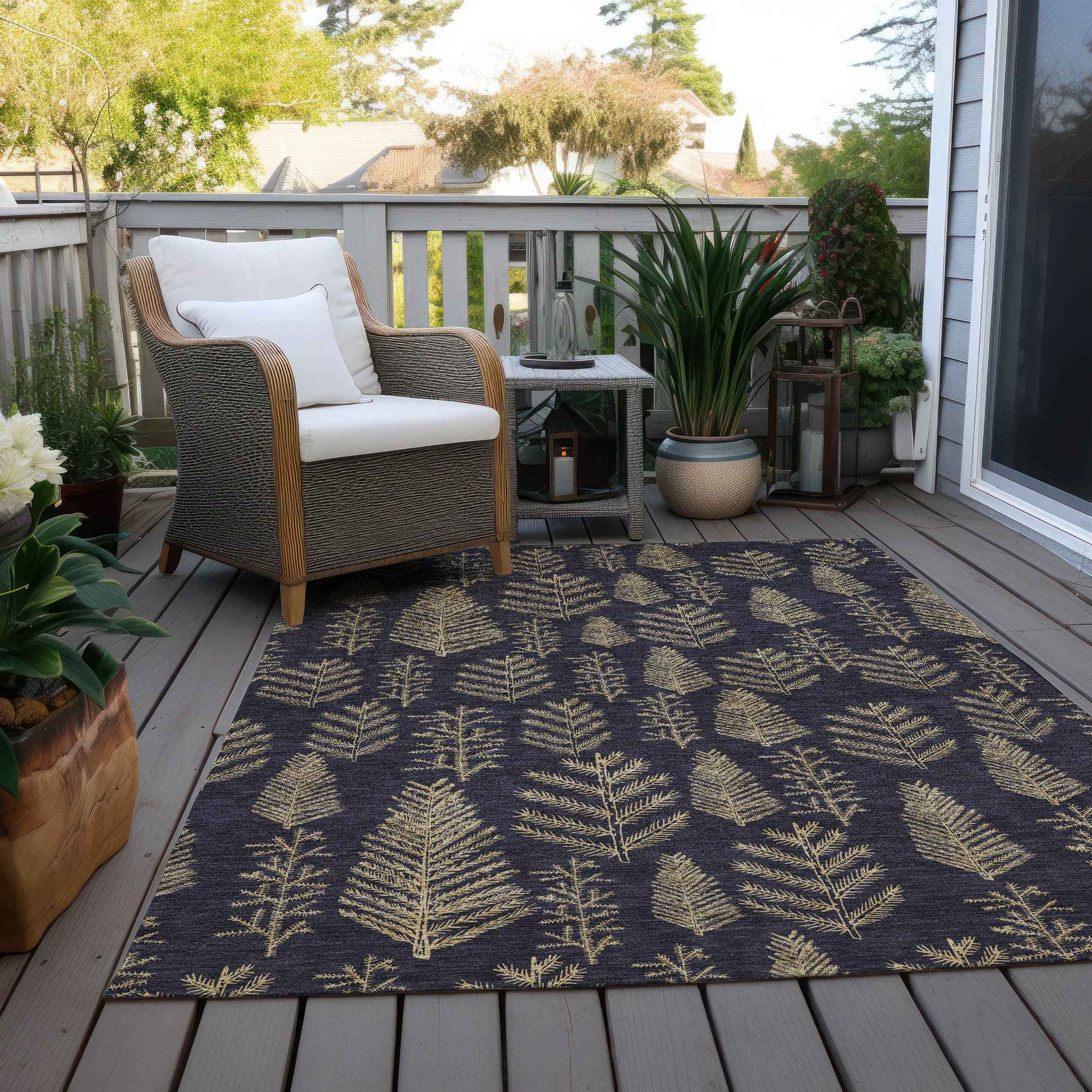3' X 5' Black And Gold Botanical Leaves Washable Indoor Outdoor Area Rug
