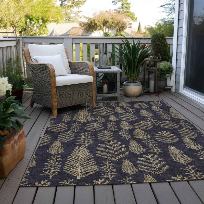 3' X 5' Black And Gold Botanical Leaves Washable Indoor Outdoor Area Rug