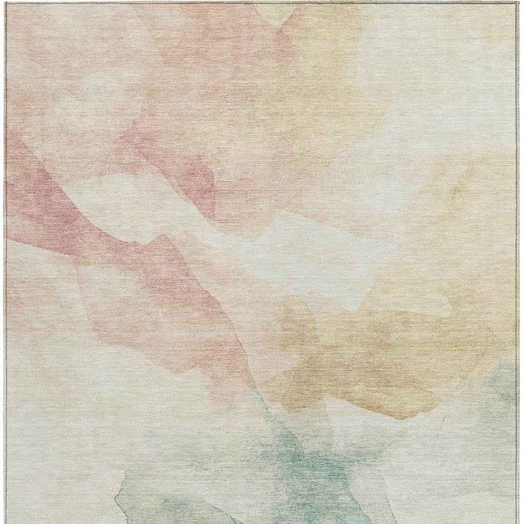 5' X 8' Pearl Ivory Beige And Teal Blue Abstract Washable Indoor Outdoor Area Rug