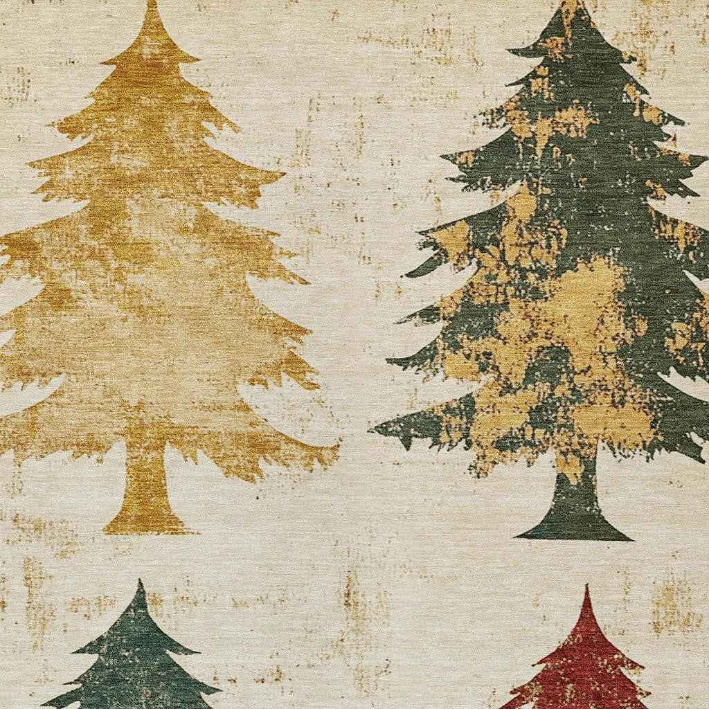 9' X 12' Ivory Gold And Burgundy Botanical Leaves Washable Indoor Outdoor Area Rug