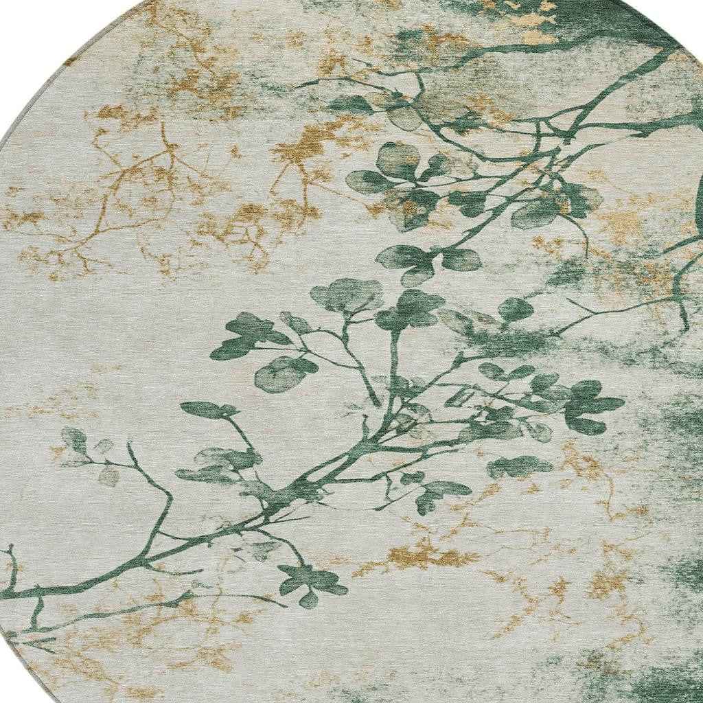 8' Emerald Ivory And Gold Round Floral Washable Indoor Outdoor Area Rug