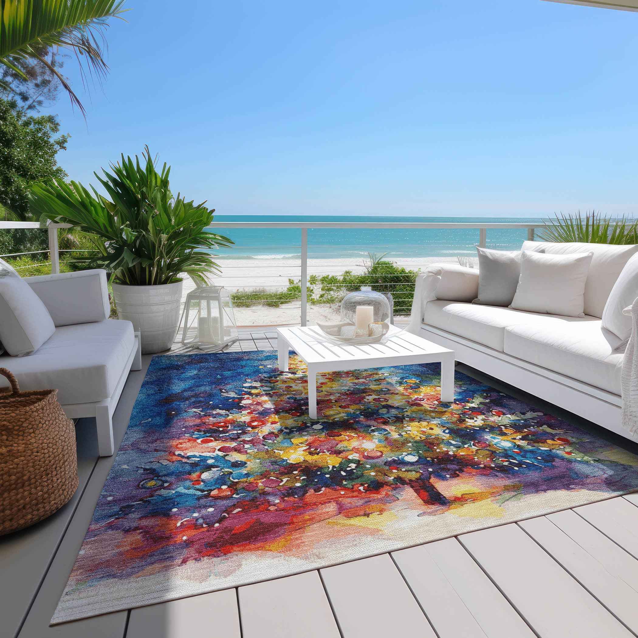 8' X 10' Navy Blue Gold Red And Purple Abstract Washable Indoor Outdoor Area Rug