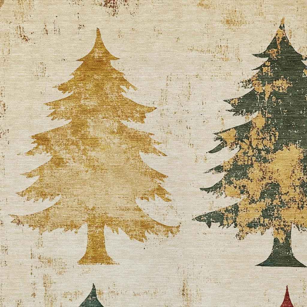 5' X 8' Ivory Gold And Burgundy Botanical Leaves Washable Indoor Outdoor Area Rug