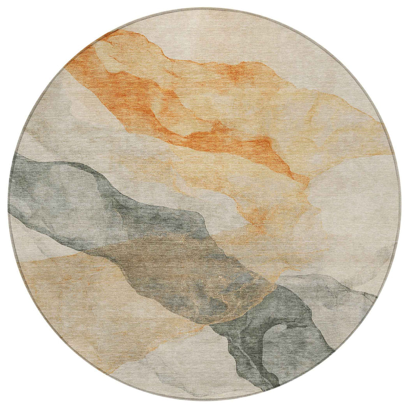 8' Orange And Gray Round Abstract Washable Indoor Outdoor Area Rug