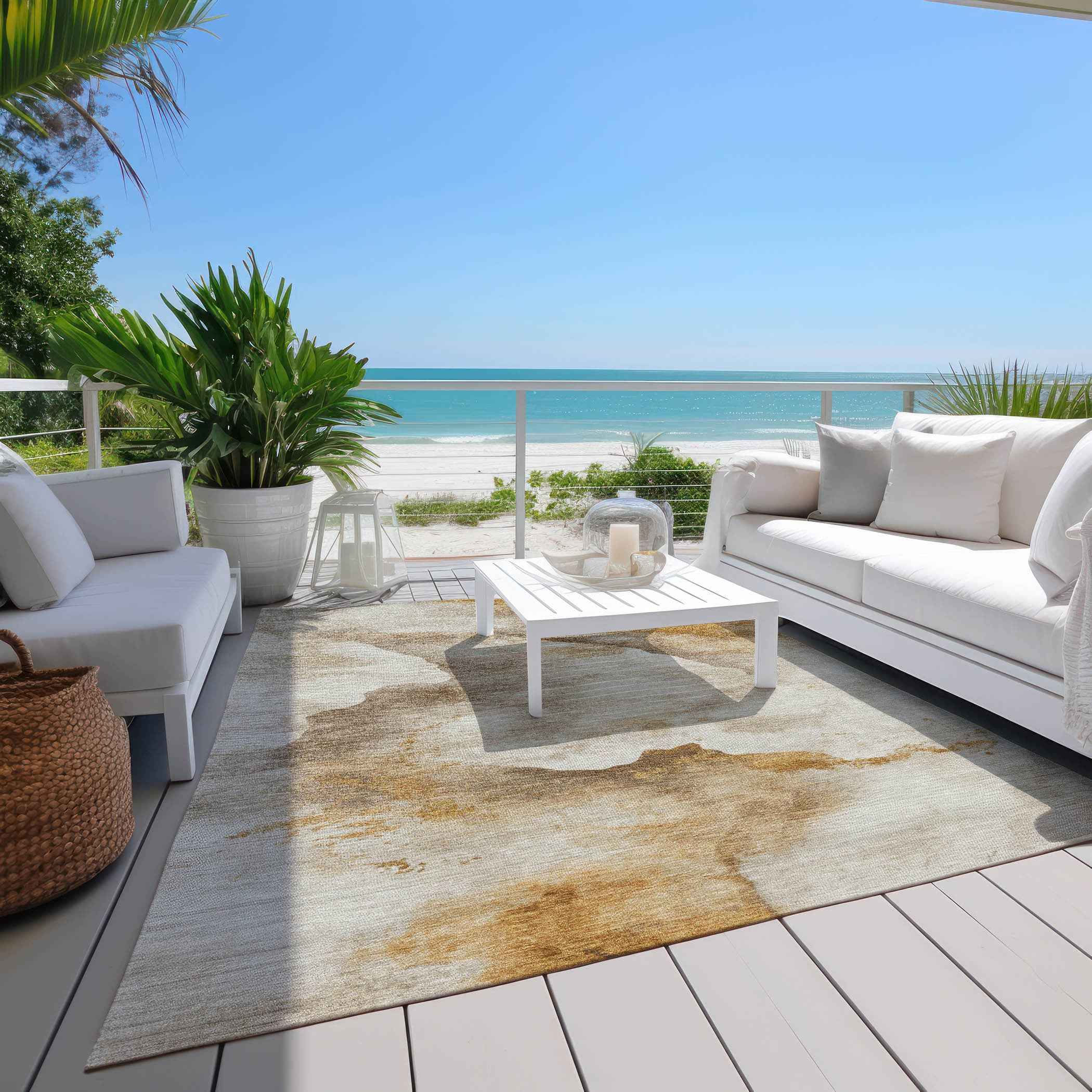 5' X 8' Beige And Gold Abstract Washable Indoor Outdoor Area Rug