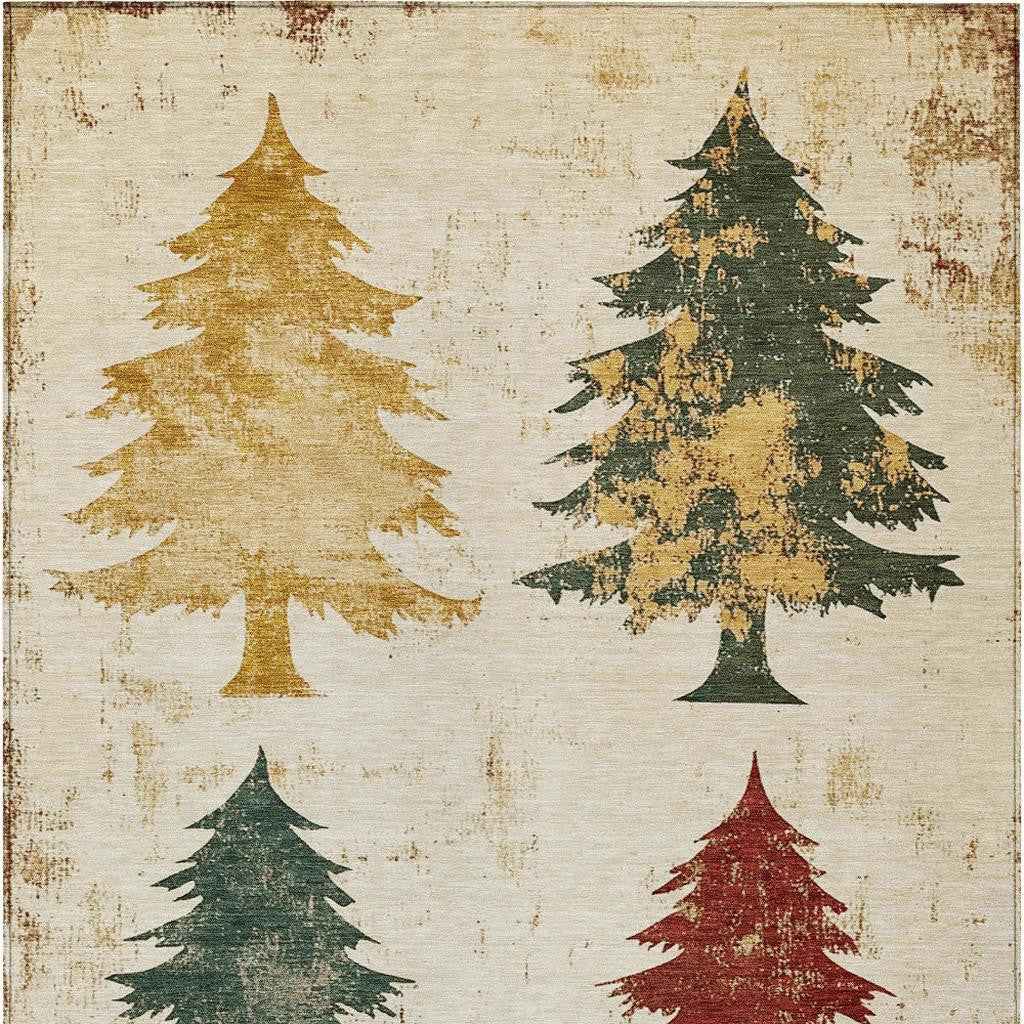 3' X 5' Ivory Gold And Burgundy Botanical Leaves Washable Indoor Outdoor Area Rug