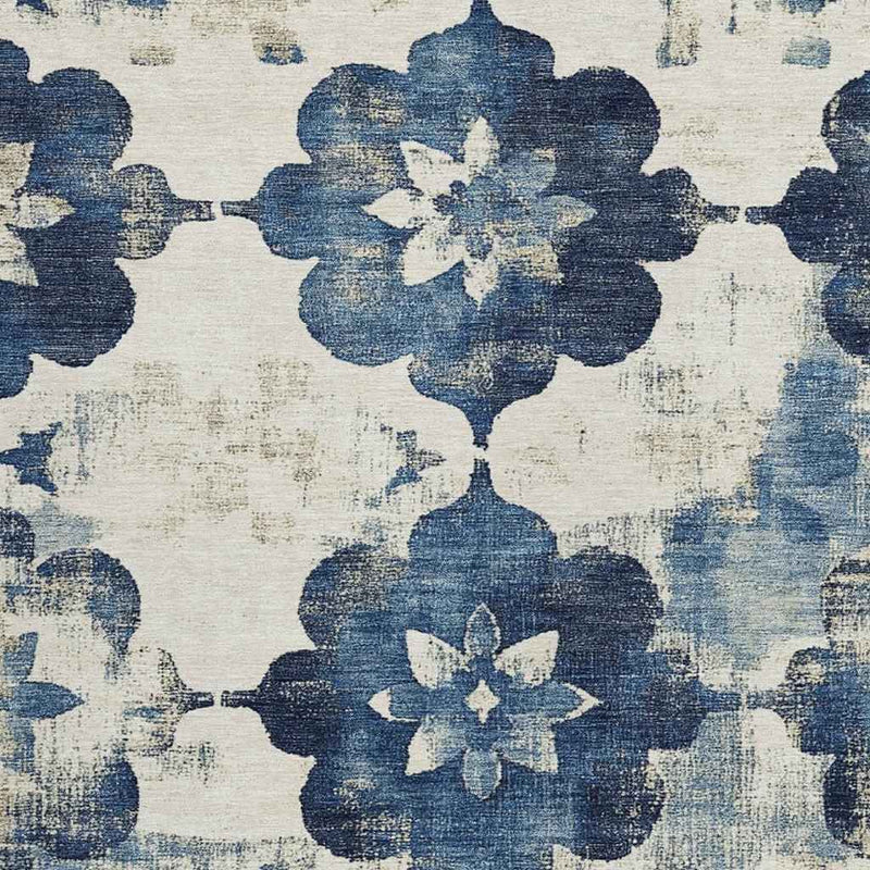 8' X 10' Navy Blue And Ivory Floral Washable Indoor Outdoor Area Rug