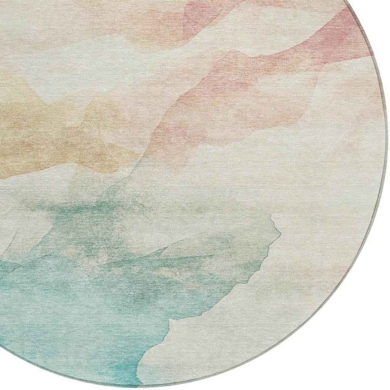 8' Pearl Ivory Beige And Teal Blue Round Abstract Washable Indoor Outdoor Area Rug