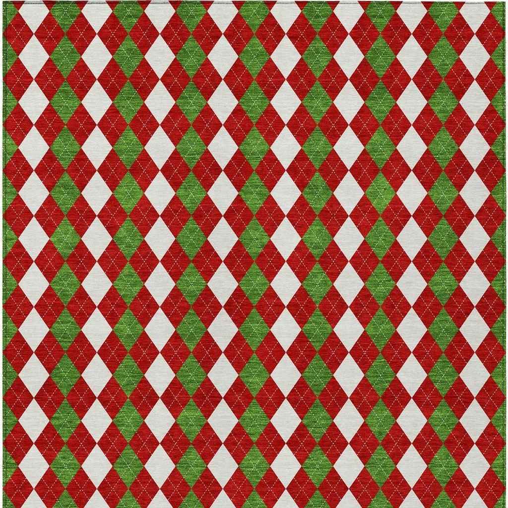 8' X 10' Red White And Green Argyle Washable Indoor Outdoor Area Rug