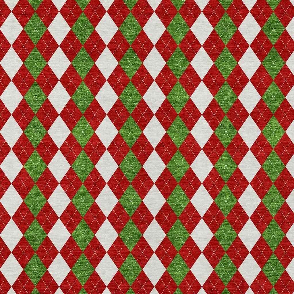8' X 10' Red White And Green Argyle Washable Indoor Outdoor Area Rug