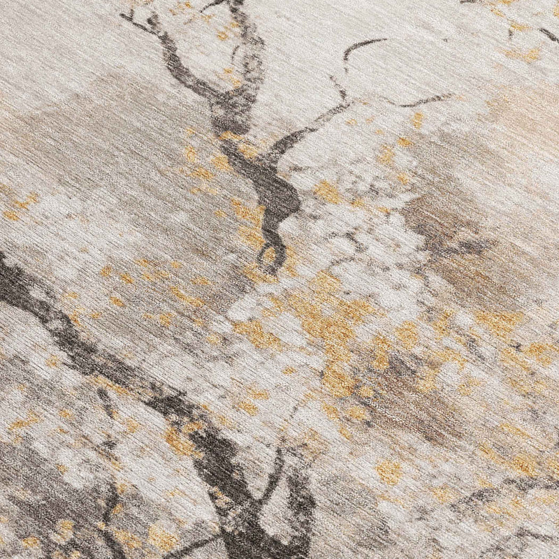 10' X 14' Beige Charcoal And Gold Floral Washable Indoor Outdoor Area Rug