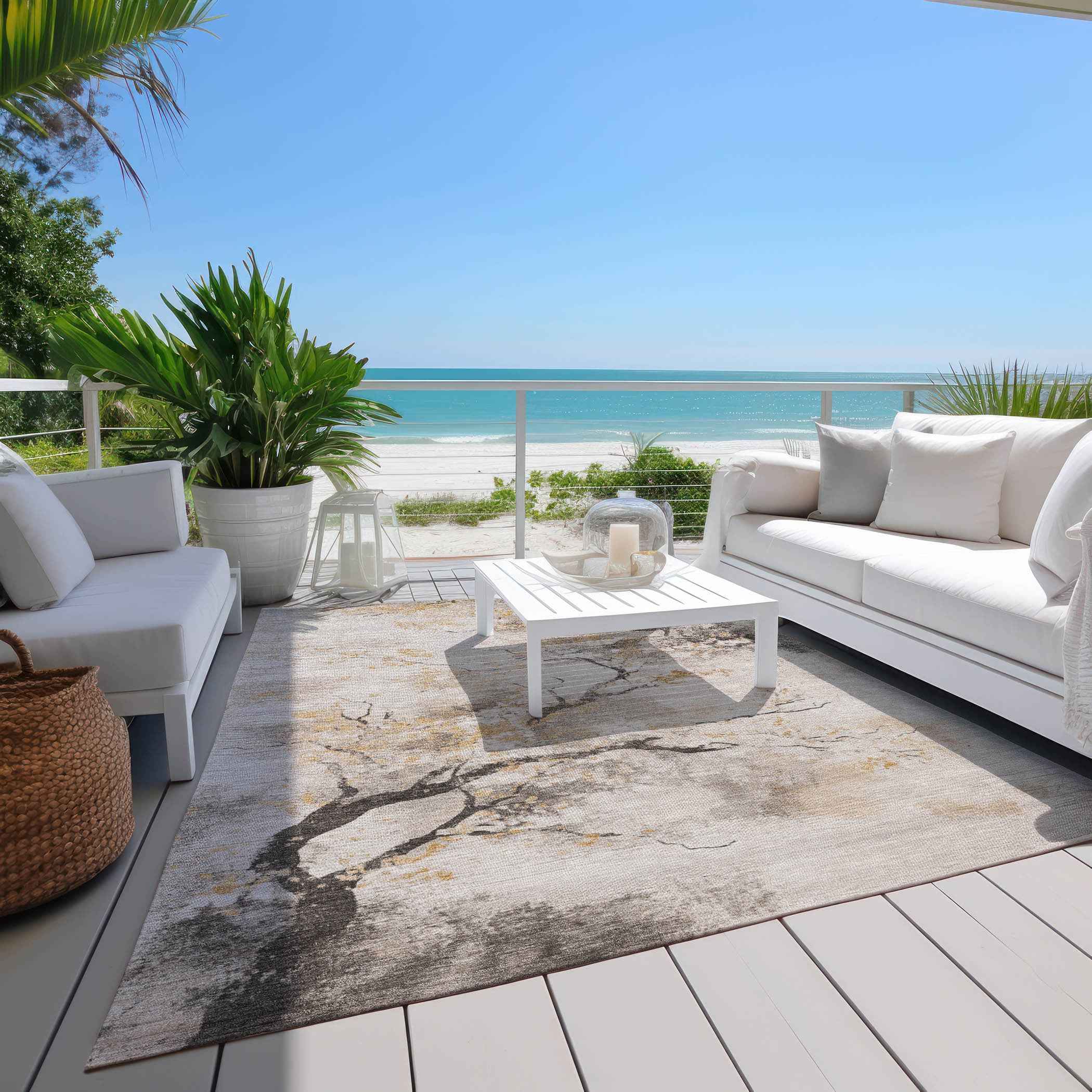 10' X 14' Beige Charcoal And Gold Floral Washable Indoor Outdoor Area Rug