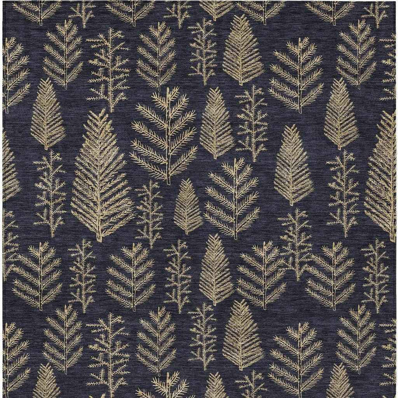 5' X 8' Black And Gold Botanical Leaves Washable Indoor Outdoor Area Rug