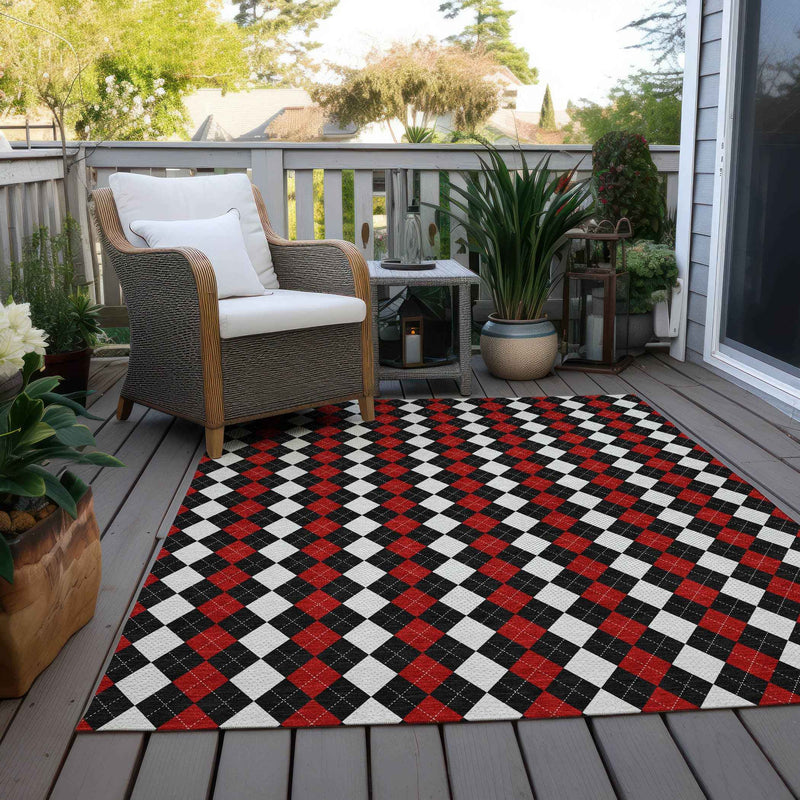 10' X 14' Black Red And White Argyle Washable Indoor Outdoor Area Rug