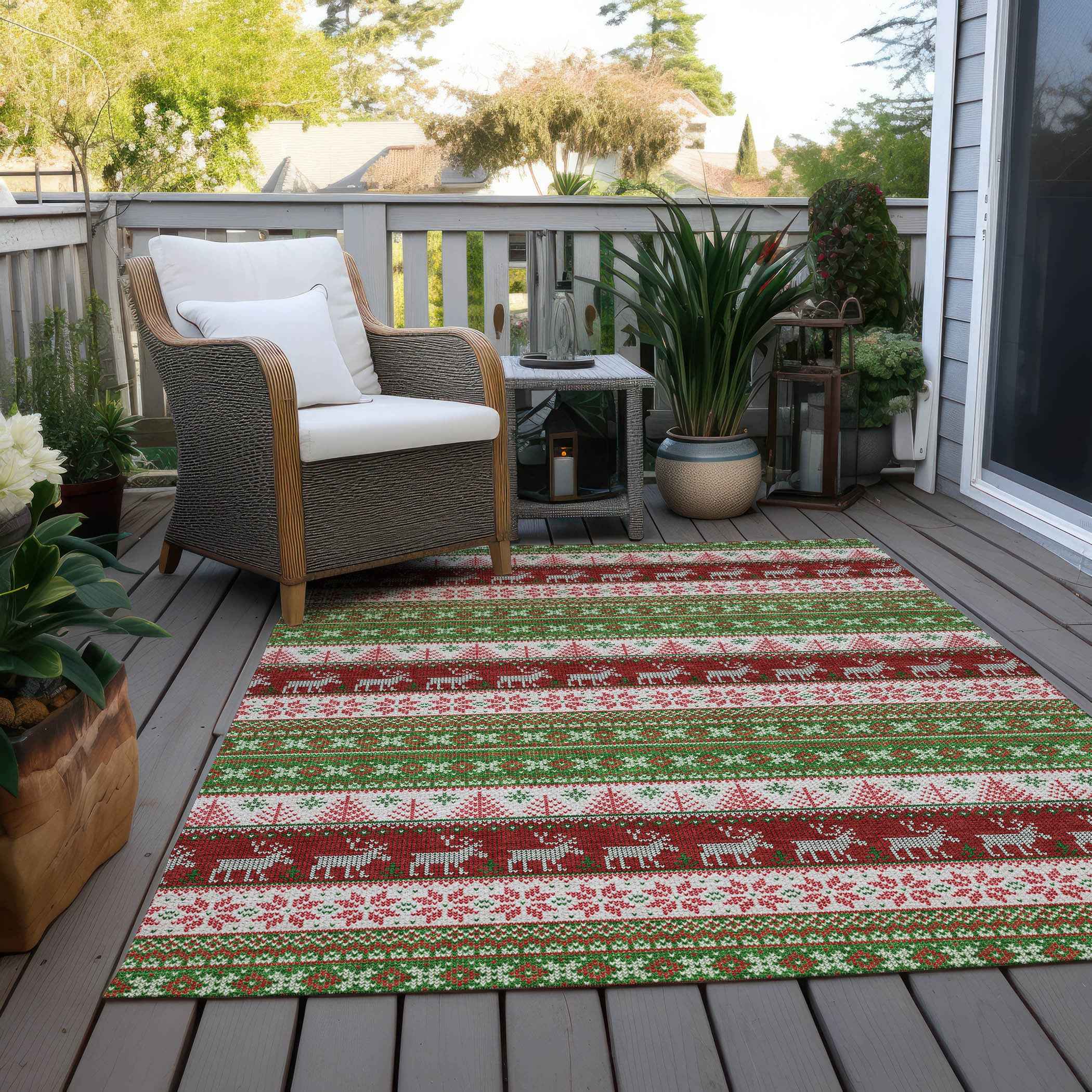 8' X 10' Green Ivory And Red Animal Print Washable Indoor Outdoor Area Rug