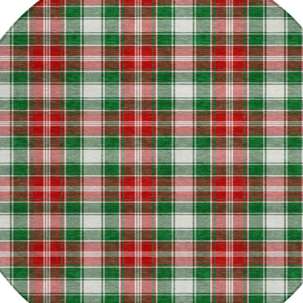 8' Emerald Red And White Round Plaid Washable Indoor Outdoor Area Rug