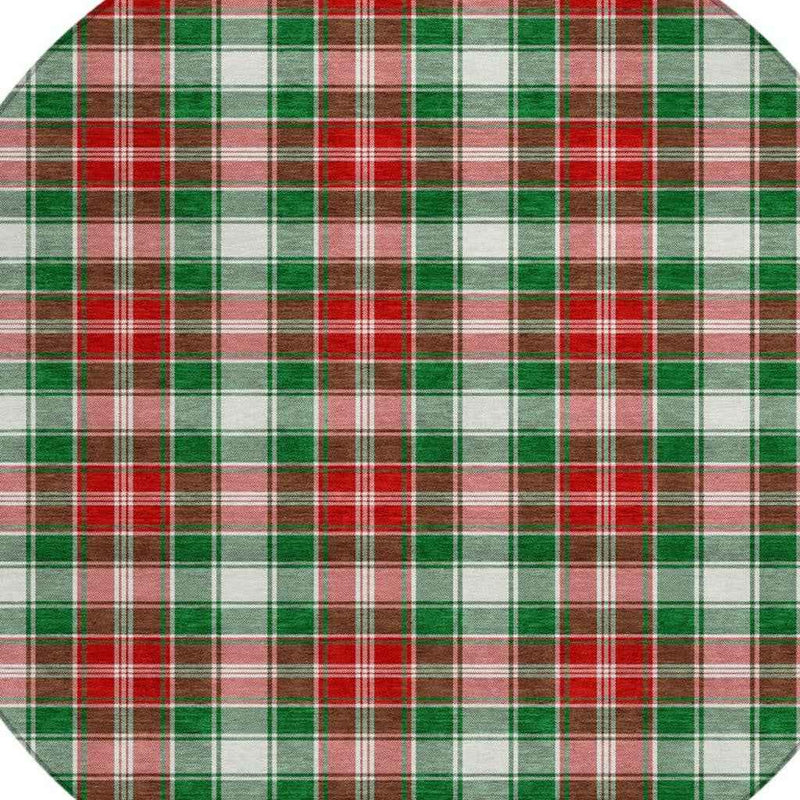 8' Emerald Red And White Round Plaid Washable Indoor Outdoor Area Rug