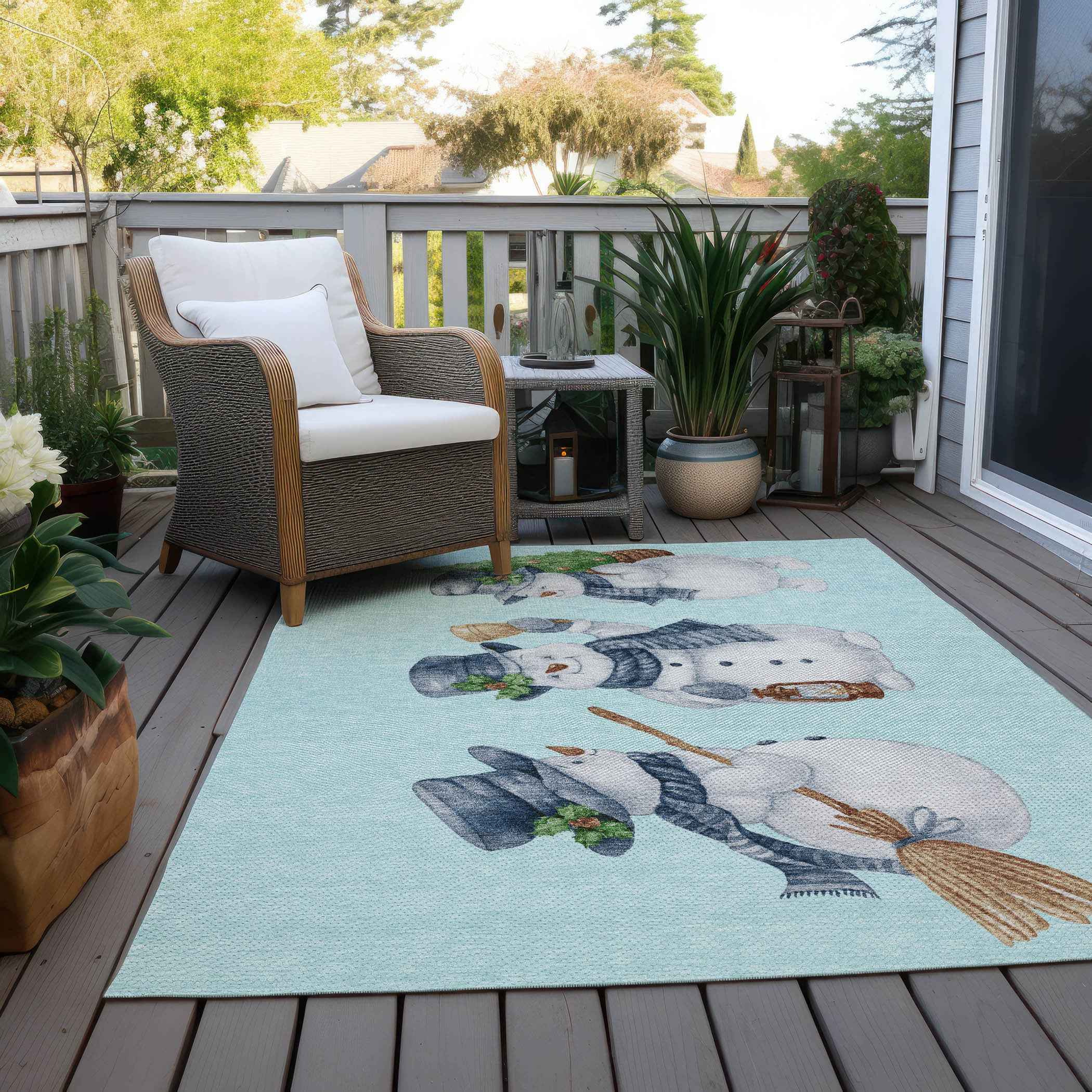 3' X 5' Sky Blue Denim Blue And Ivory Botanical Leaves Washable Indoor Outdoor Area Rug