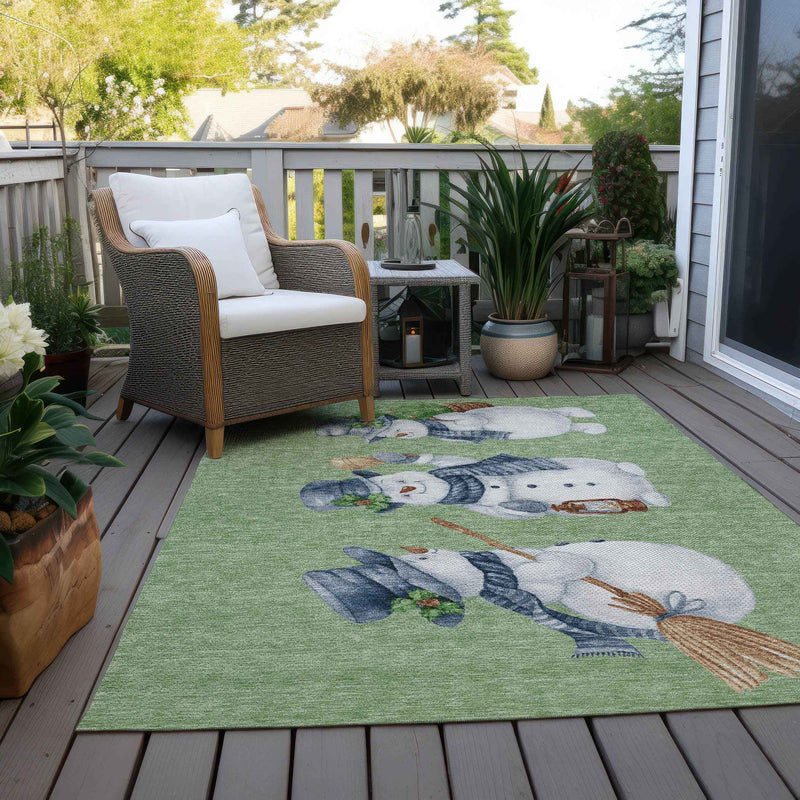 8' X 10' Artichoke Green Denim Blue And Ivory Botanical Leaves Washable Indoor Outdoor Area Rug