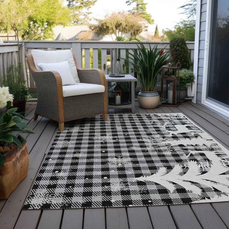 8' X 10' Gray Black And Ivory Plaid Washable Indoor Outdoor Area Rug