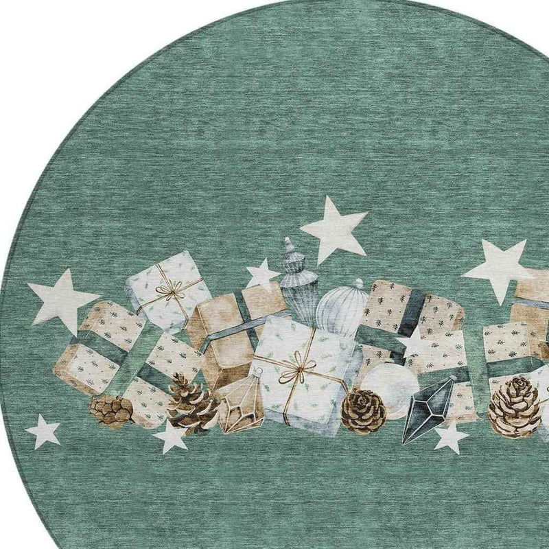 8' Pale Aqua Beige Ivory And Taupe Round Geometric Washable Indoor Outdoor Area Rug