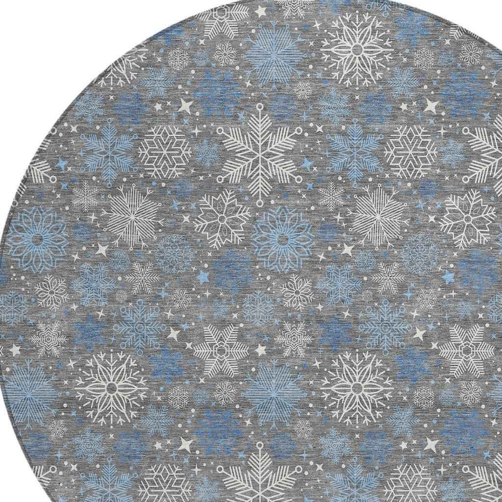 8' Gray Blue And Ivory Round Medallion Washable Indoor Outdoor Area Rug