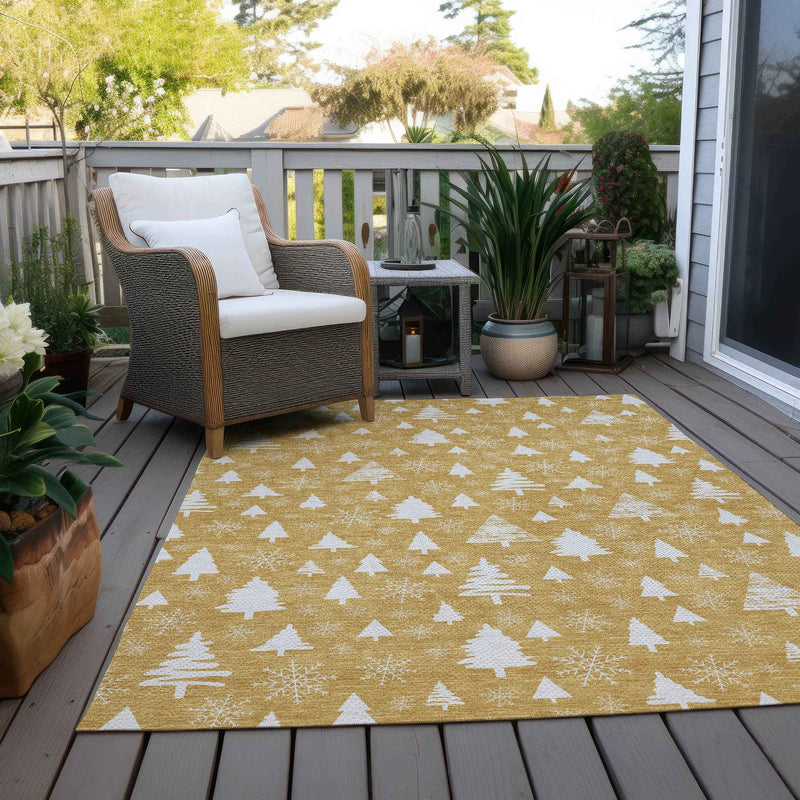 9' X 12' Gold And Ivory Botanical Leaves Washable Indoor Outdoor Area Rug