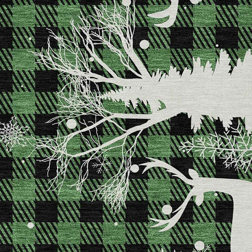 5' X 8' Green Black And Ivory Plaid Washable Indoor Outdoor Area Rug