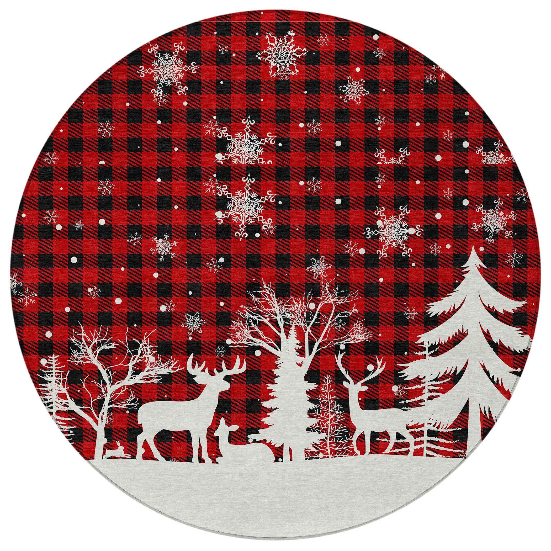 8' Red Black And Ivory Round Plaid Washable Indoor Outdoor Area Rug