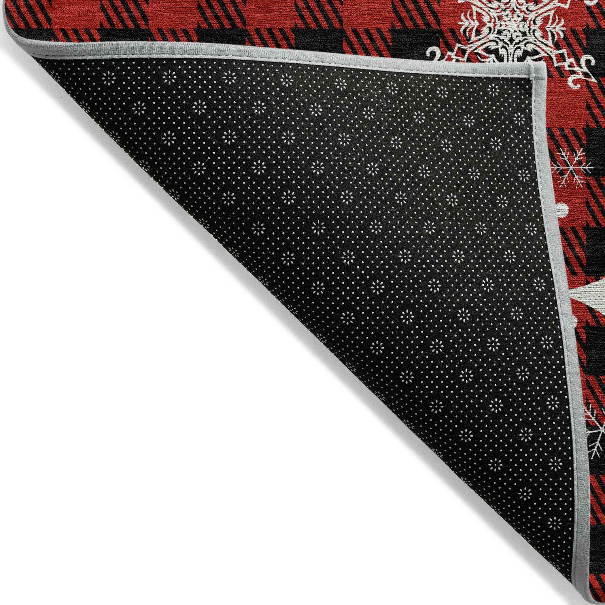 8' Red Black And Ivory Round Plaid Washable Indoor Outdoor Area Rug