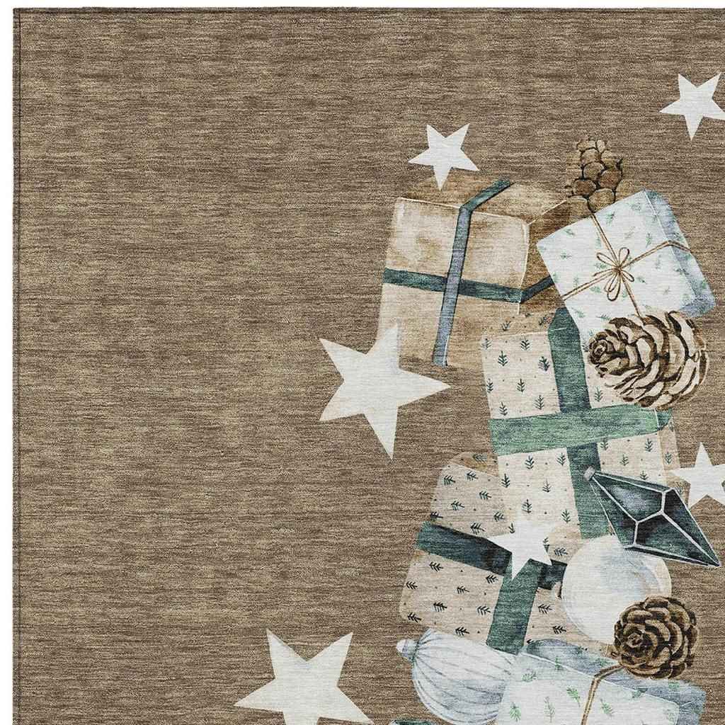 9' X 12' Brown Beige Ivory And Taupe Geometric Washable Indoor Outdoor Area Rug