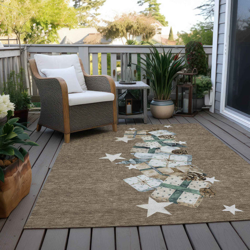 9' X 12' Brown Beige Ivory And Taupe Geometric Washable Indoor Outdoor Area Rug