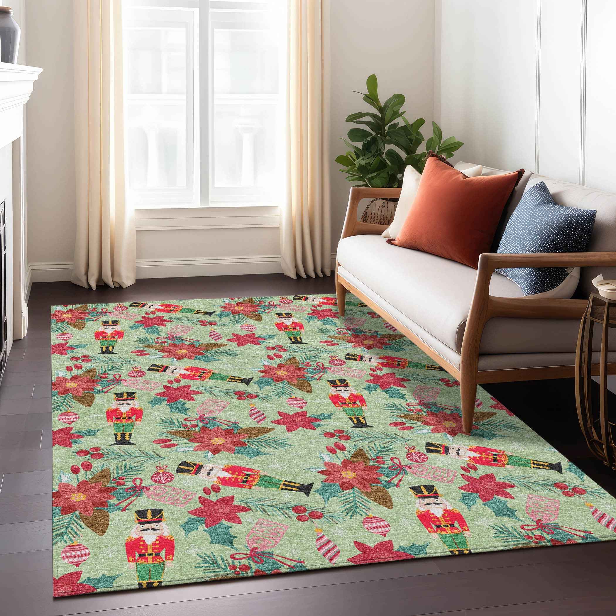 5' X 8' Artichoke Green Red Black Pink And Brown Floral Washable Indoor Outdoor Area Rug