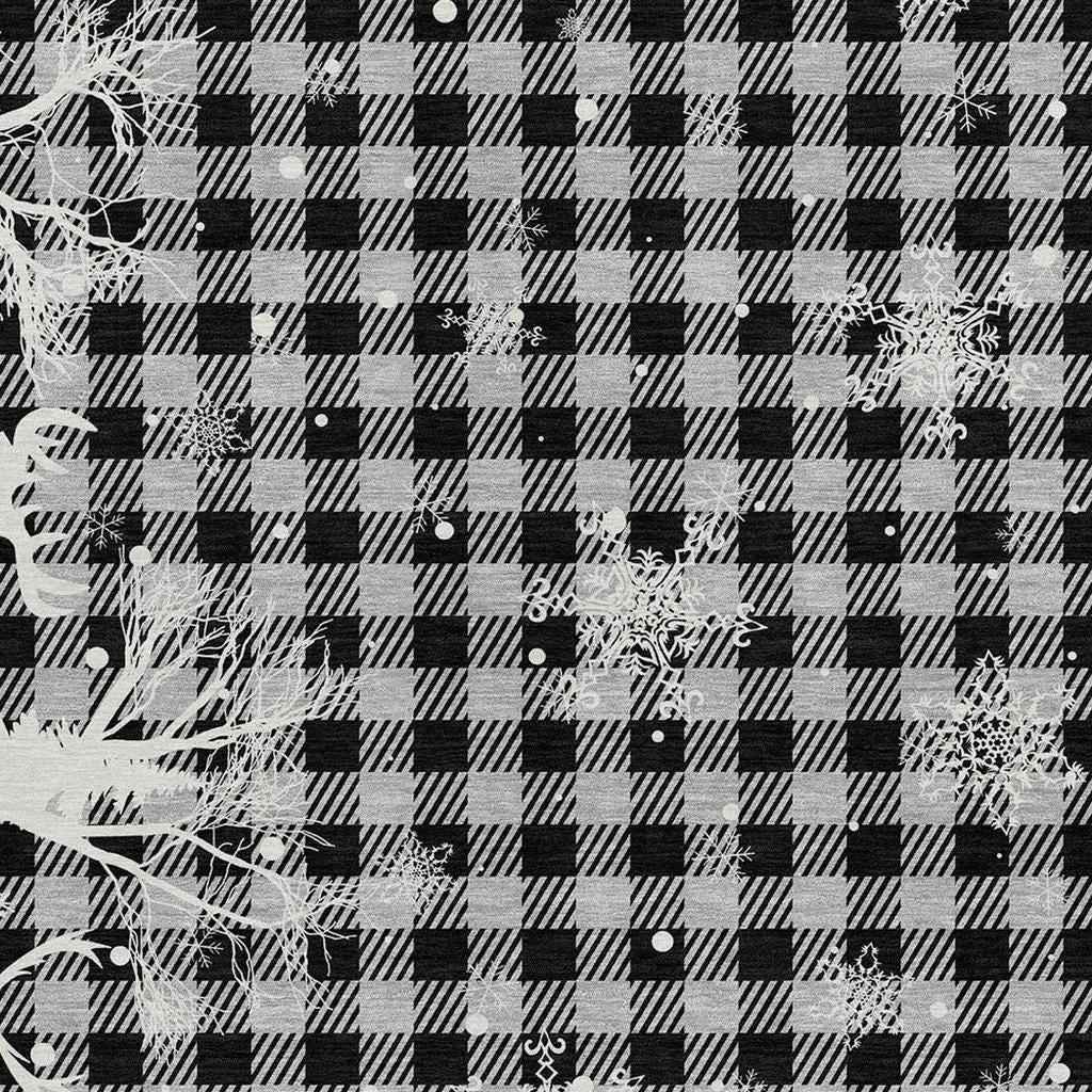 9' X 12' Gray Black And Ivory Plaid Washable Indoor Outdoor Area Rug