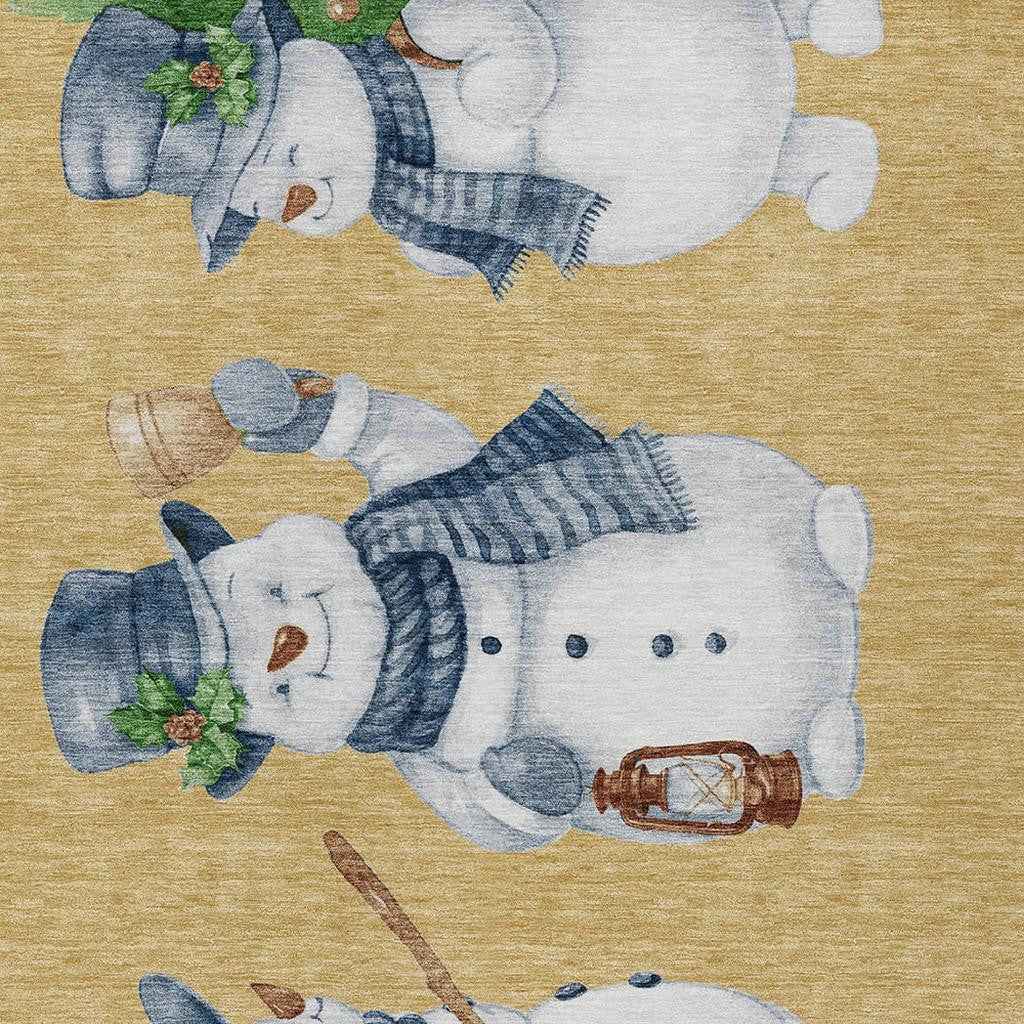 3' X 5' Gold Denim Blue And Ivory Botanical Leaves Washable Indoor Outdoor Area Rug