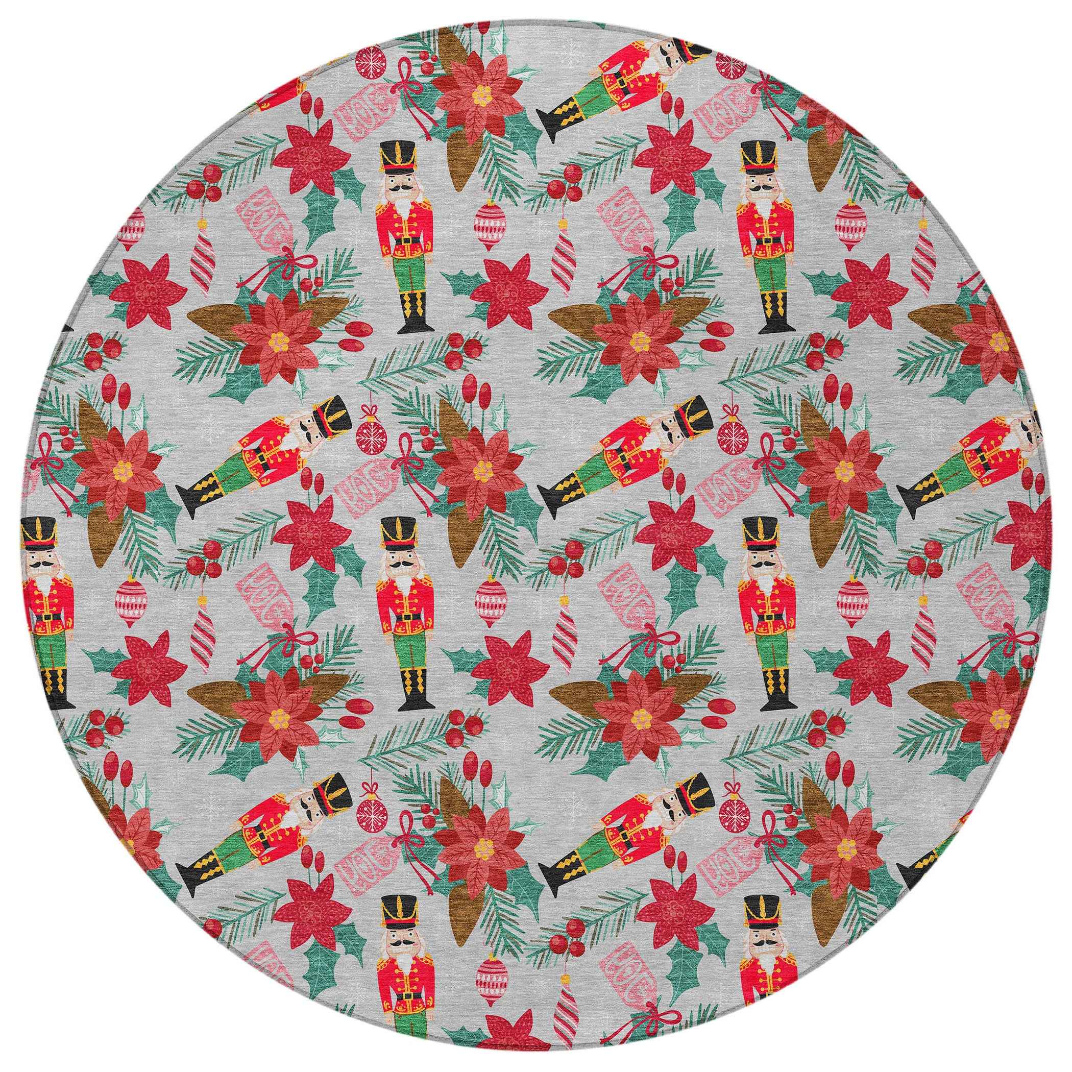 8' Silver Red Black Pink And Brown Round Floral Washable Indoor Outdoor Area Rug