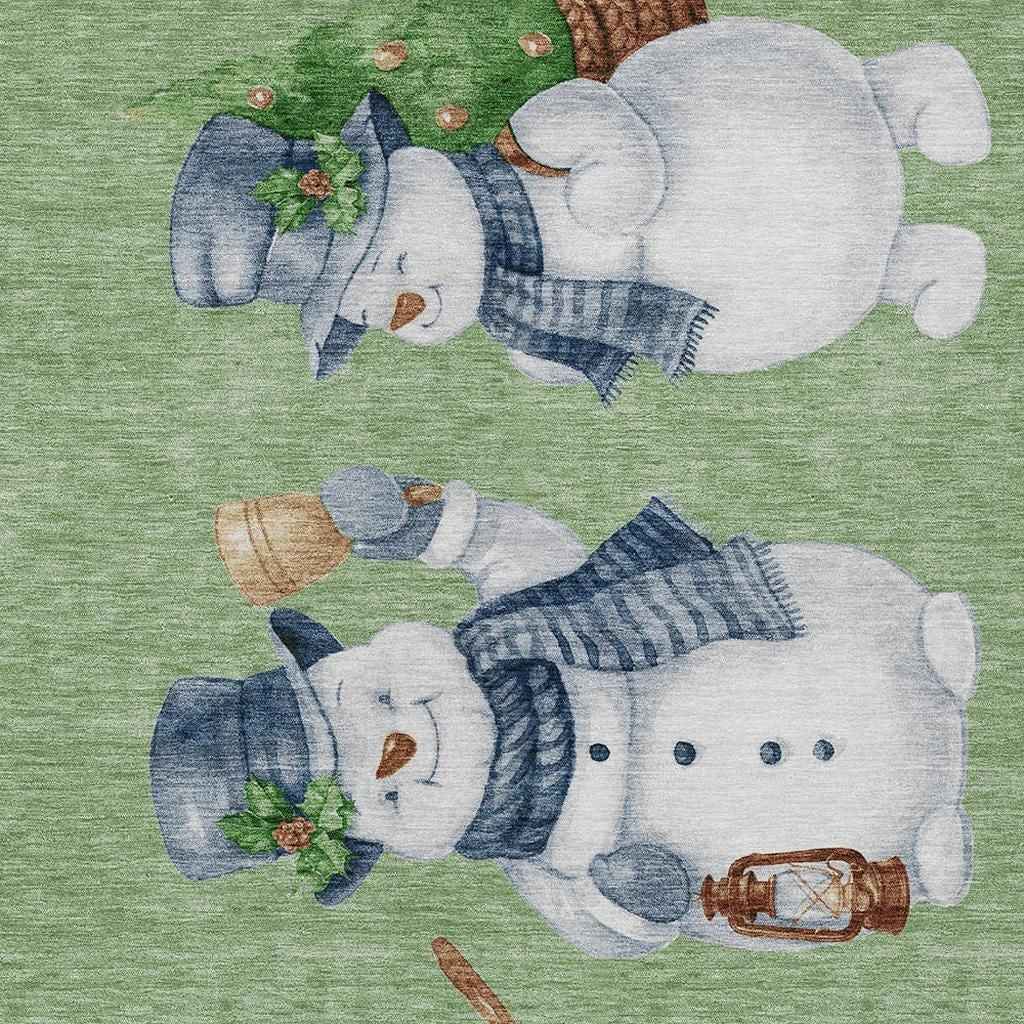 3' X 5' Artichoke Green Denim Blue And Ivory Botanical Leaves Washable Indoor Outdoor Area Rug