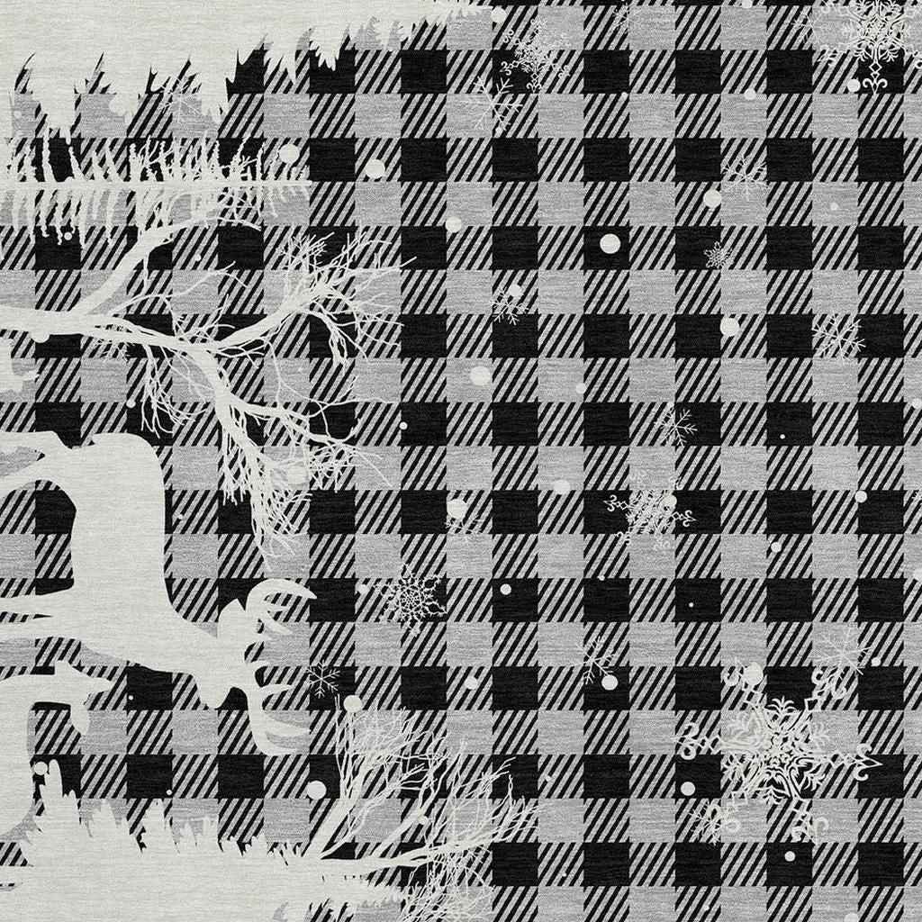 10' X 14' Gray Black And Ivory Plaid Washable Indoor Outdoor Area Rug