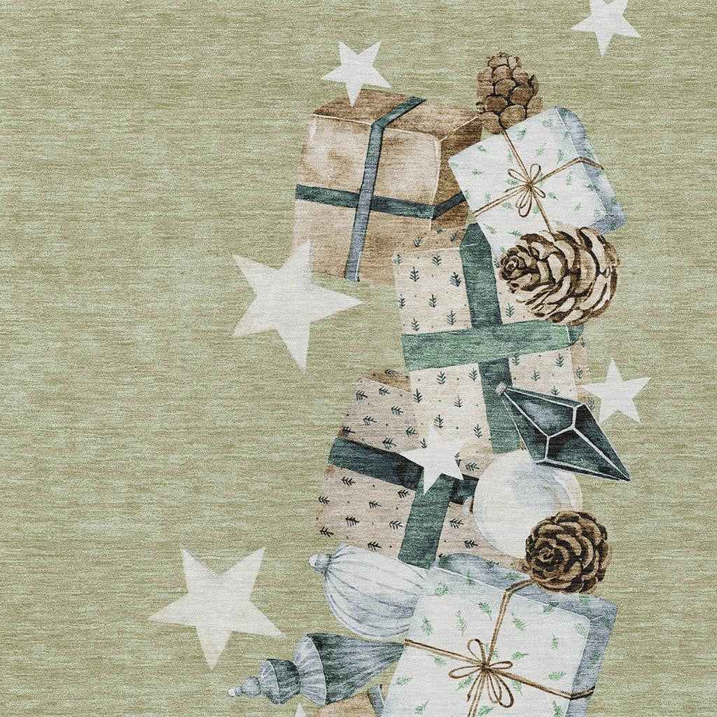 3' X 5' Artichoke Green Beige Ivory And Taupe Geometric Washable Indoor Outdoor Area Rug