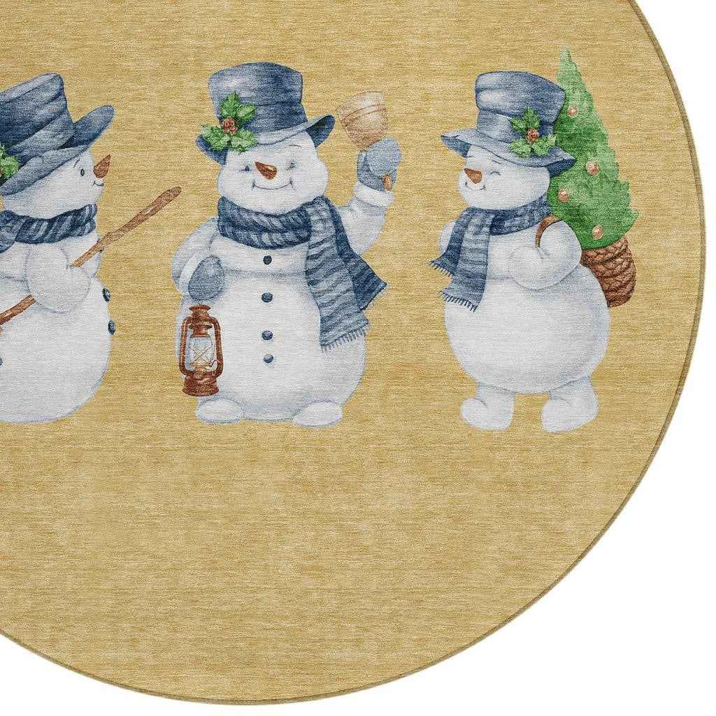 8' Gold Denim Blue And Ivory Round Botanical Leaves Washable Indoor Outdoor Area Rug