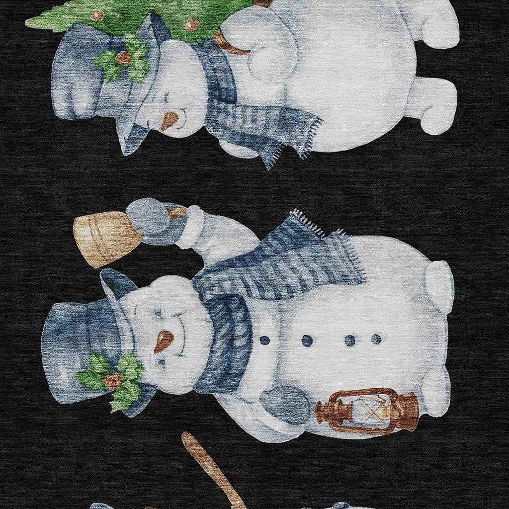 3' X 5' Black Denim Blue And Ivory Snowmen Washable Indoor Outdoor Area Rug