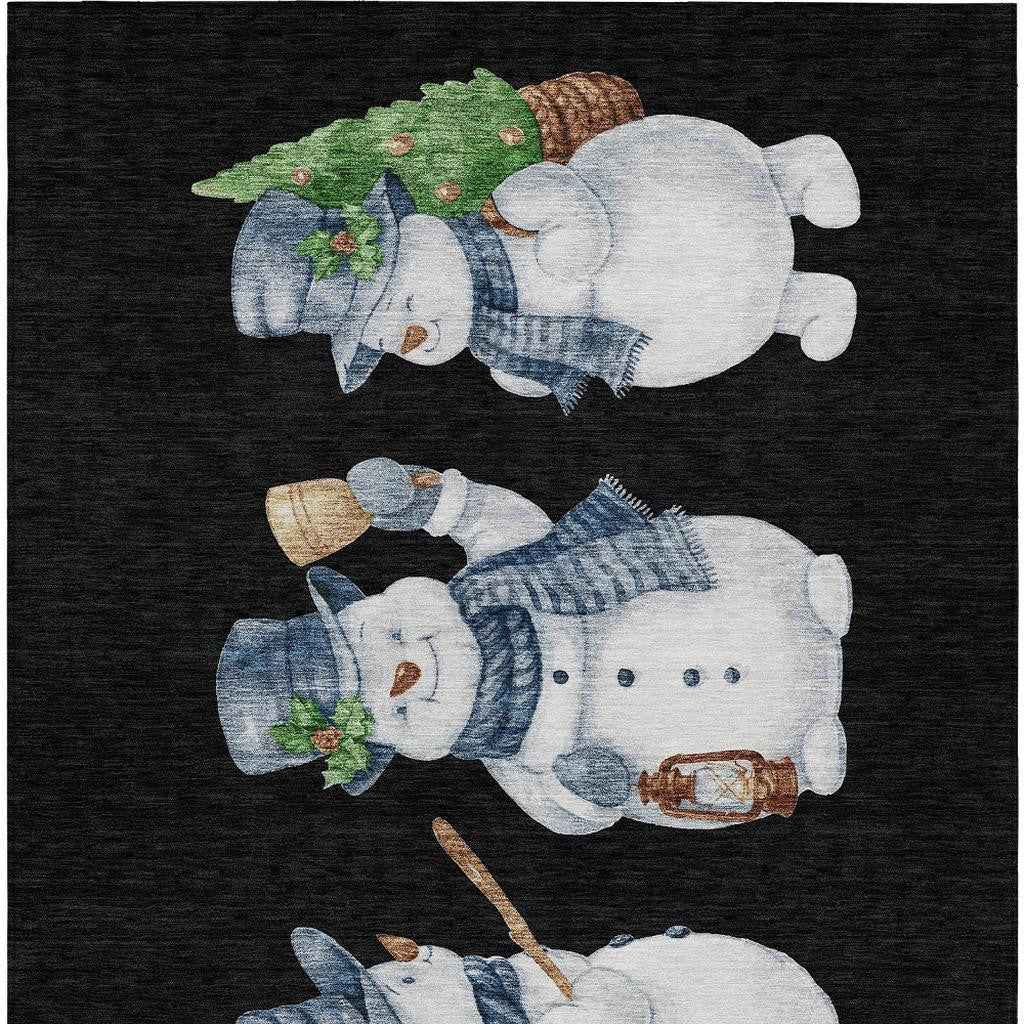 3' X 5' Black Denim Blue And Ivory Snowmen Washable Indoor Outdoor Area Rug