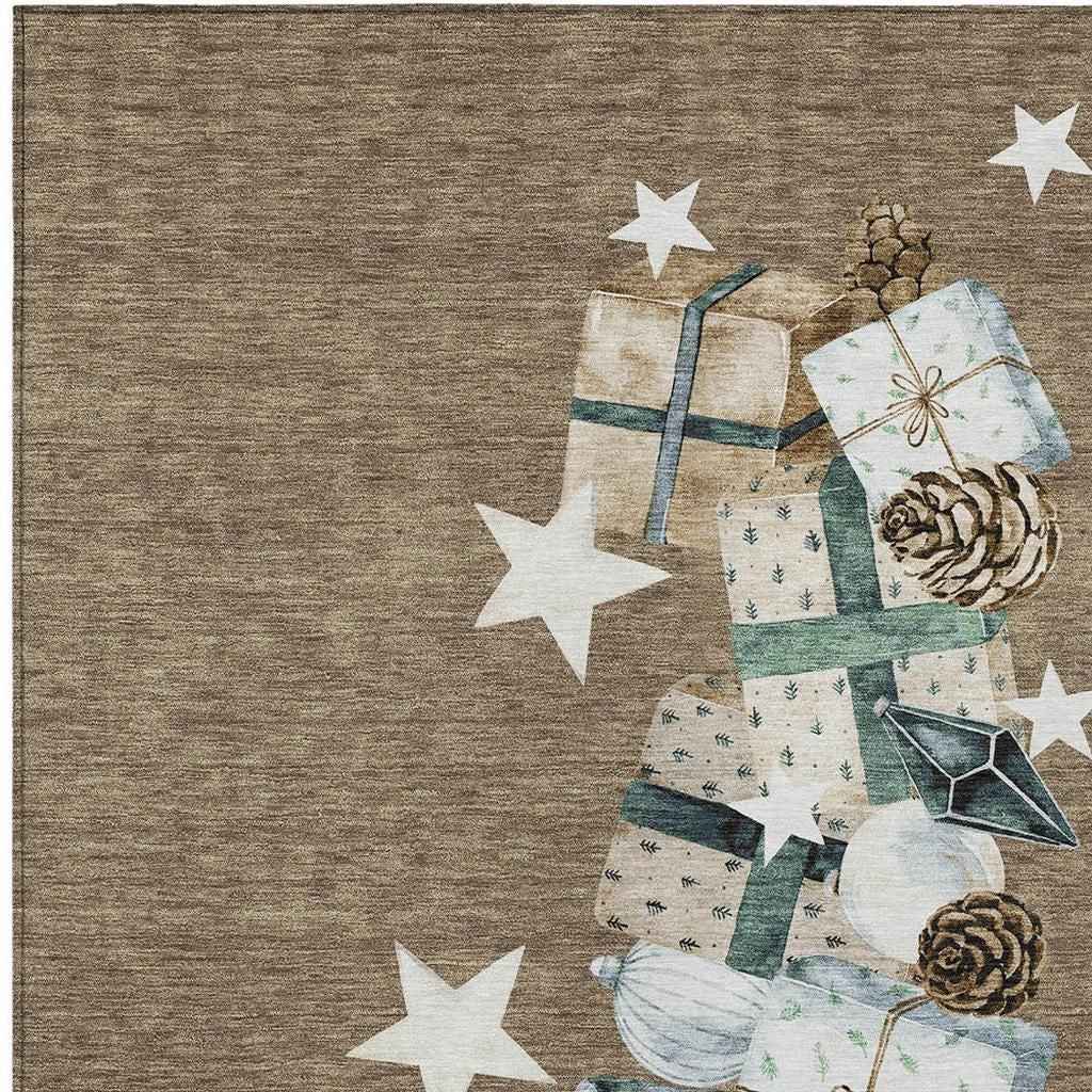 3' X 5' Brown Beige Ivory And Taupe Geometric Washable Indoor Outdoor Area Rug