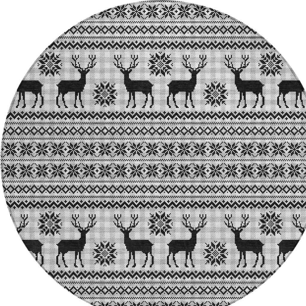 8' Silver Black And Ivory Round Animal Print Washable Indoor Outdoor Area Rug