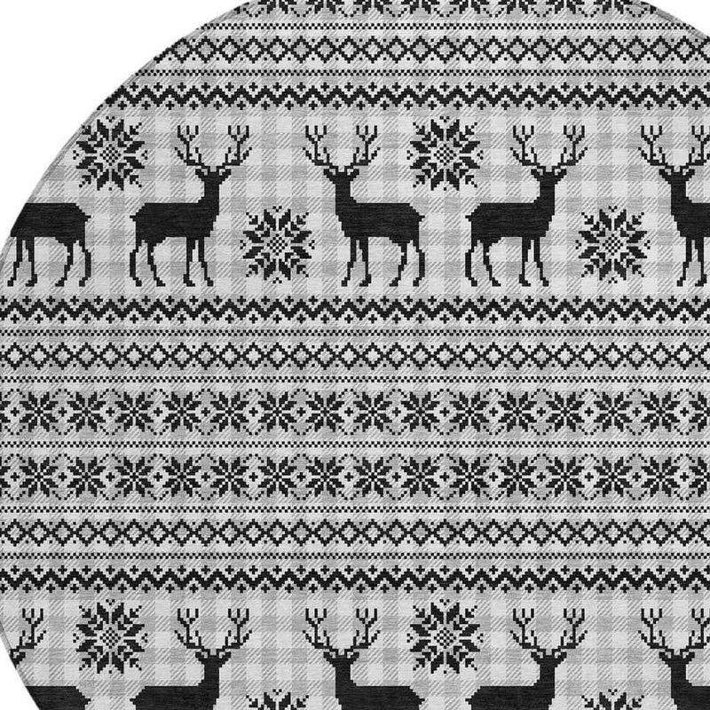 8' Silver Black And Ivory Round Animal Print Washable Indoor Outdoor Area Rug