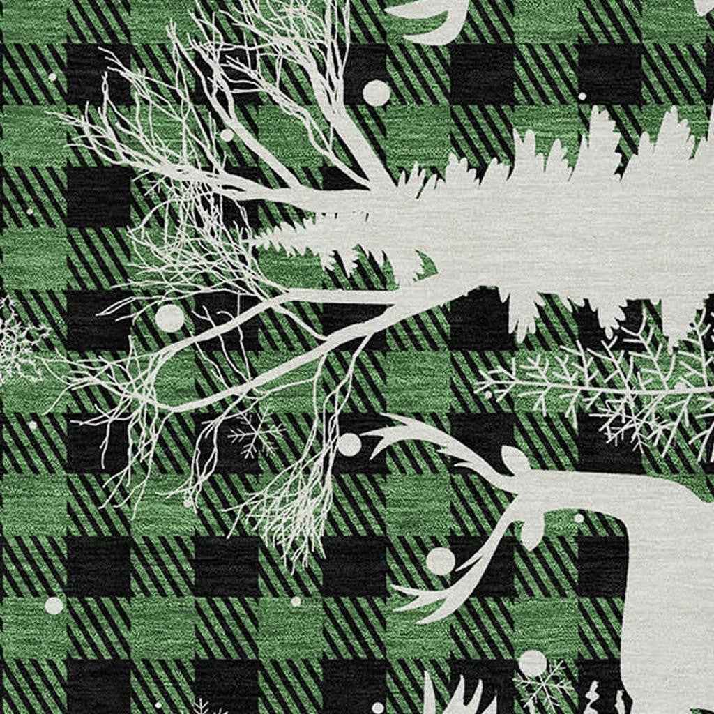 8' X 10' Green Black And Ivory Plaid Washable Indoor Outdoor Area Rug