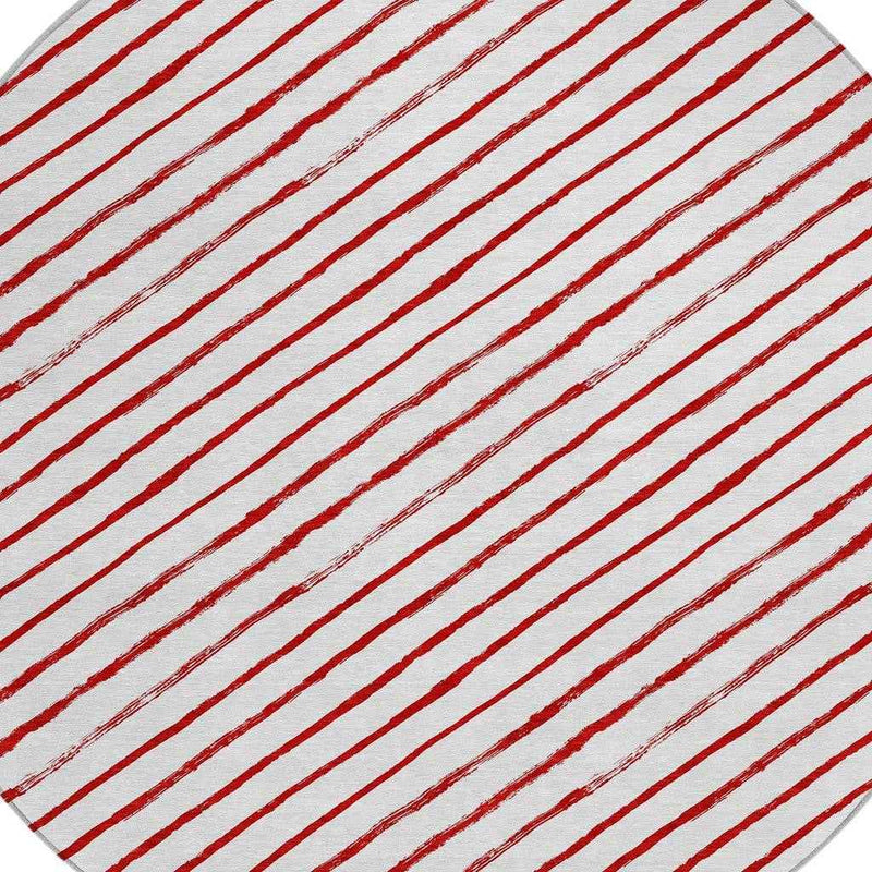 8' Red And White Round Striped Washable Indoor Outdoor Area Rug