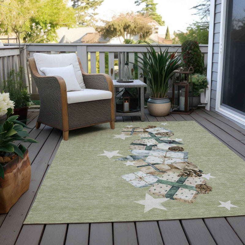 8' X 10' Artichoke Green Beige Ivory And Taupe Geometric Washable Indoor Outdoor Area Rug