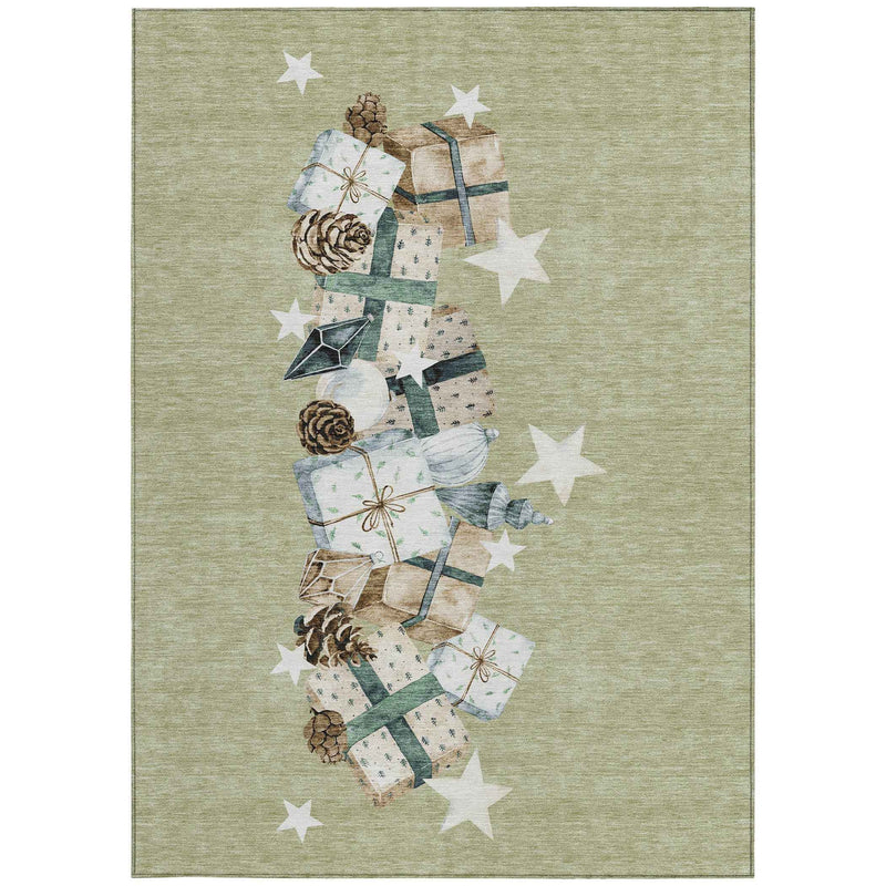 8' X 10' Artichoke Green Beige Ivory And Taupe Geometric Washable Indoor Outdoor Area Rug