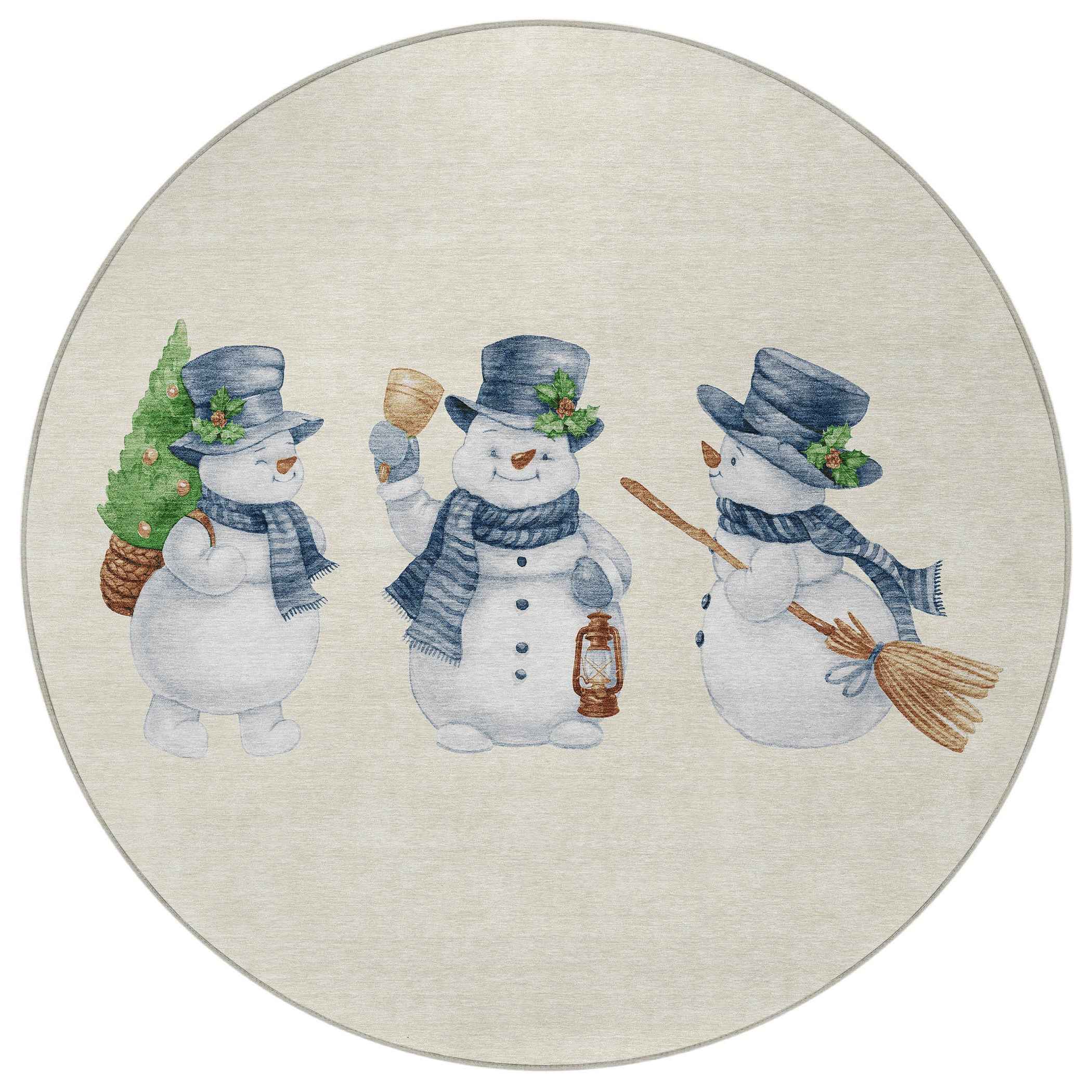 8' Ivory And Denim Blue Round Botanical Leaves Washable Indoor Outdoor Area Rug